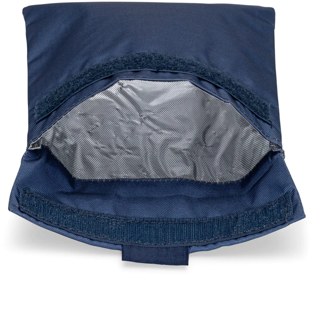Reusable sandwich and snack bag. velcro closure. Showing its insulated interior. Durable material. Navy blue. wipe clean or throw in washing machine.