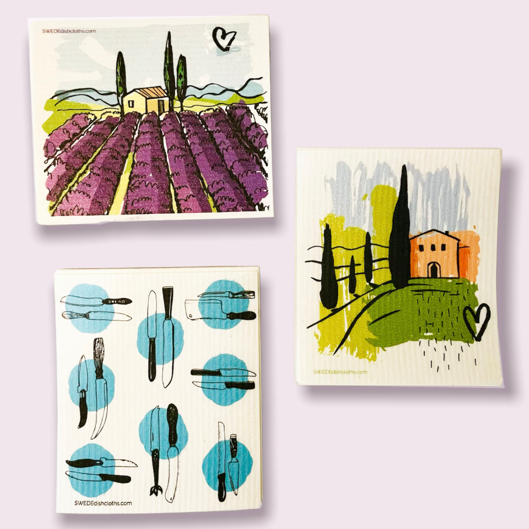 Bundle of 3 Swedish Dish Clothes - Tuscan vineyard - Tuscan home - Kitchen knives - choose any 3 designs