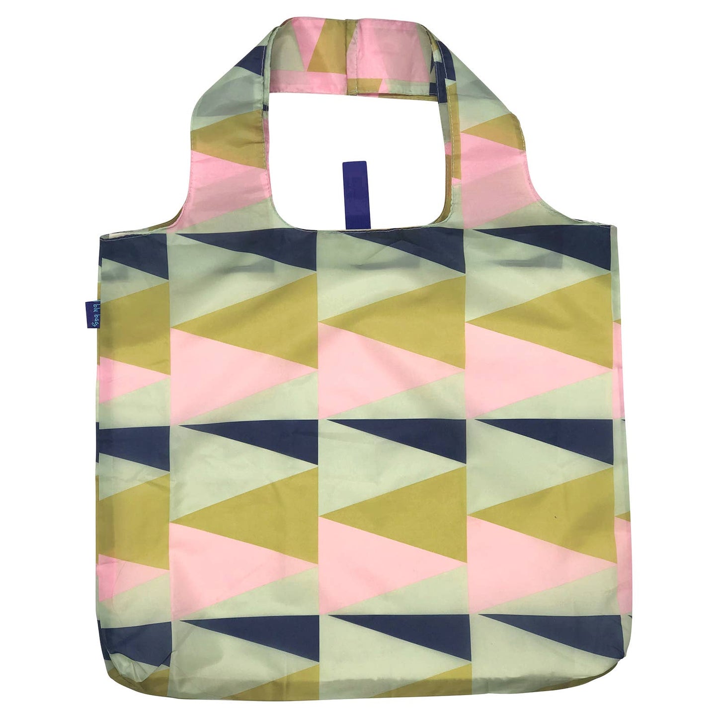 Reusable shopper. pink, sage green, dark blue, olive green geometric. full display