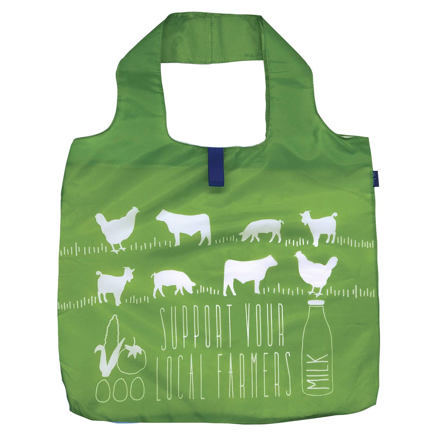 Reusable shopper, support your local farmer white graphics on green background. full display