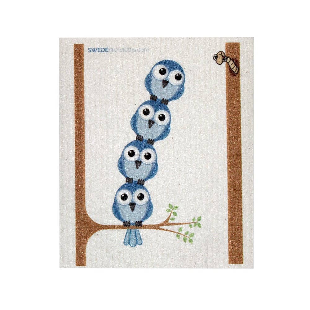 Cute blue birds on tree branch print on Swedish dish cloth