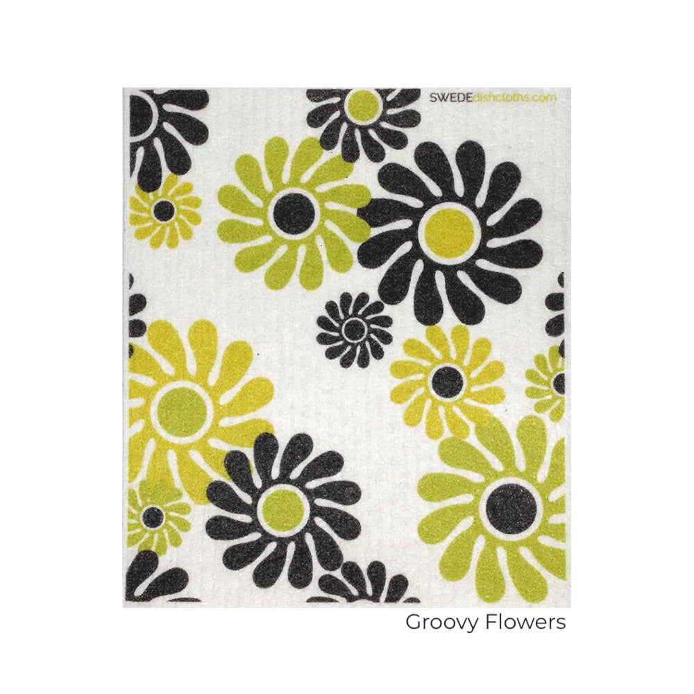 Green, brown, yellow 60's flowers. Swedish Dishcloth - sustainable