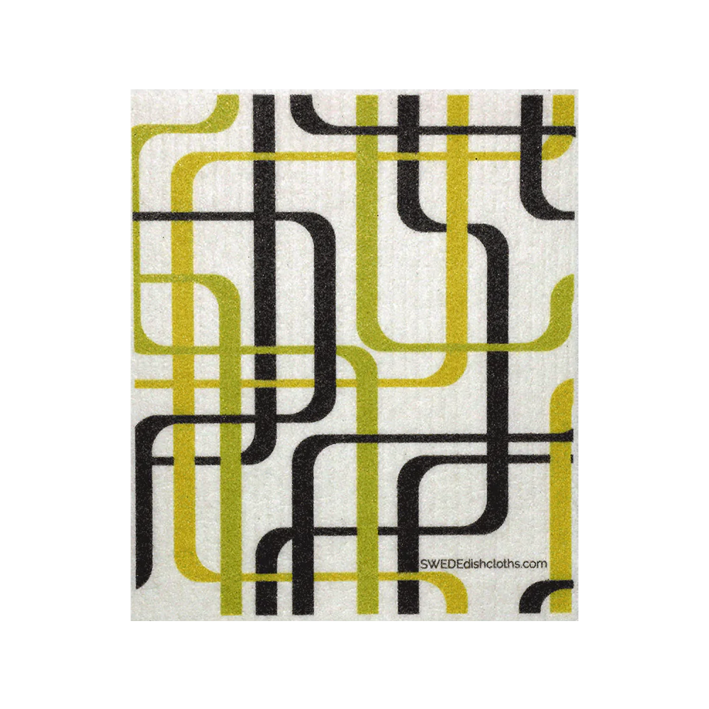 Green and brown retro linear design on Swedish dishcloth
