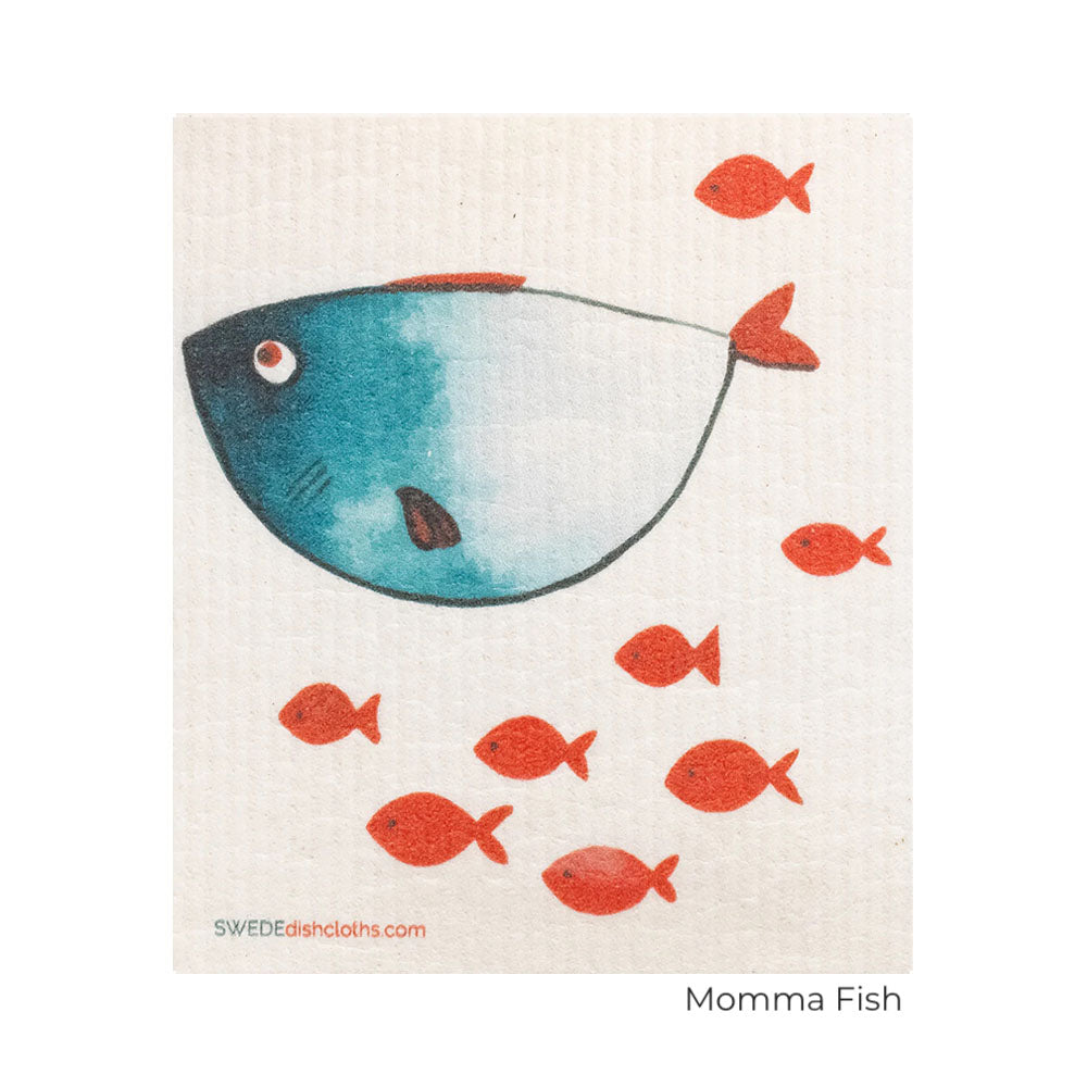 Aqua blue large fish, small red fish. Swedish Dishcloth