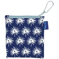 4"x4" collapsed reusable shopper. white flower on blue.