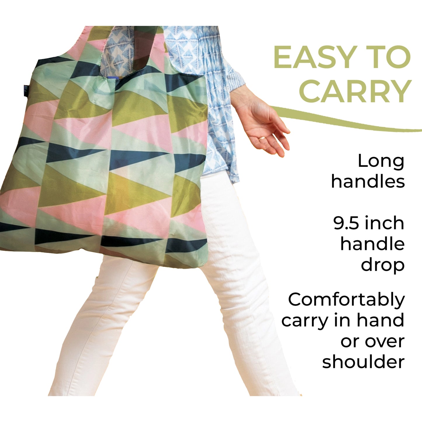 Woman carrying colorful and large reusable shopper