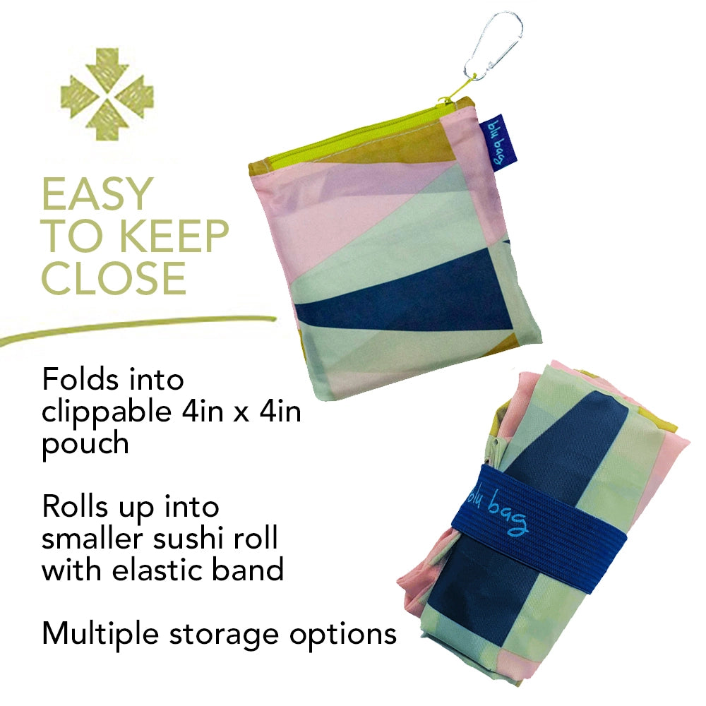 Colorful reusable shopper, folder and rolled up neatly