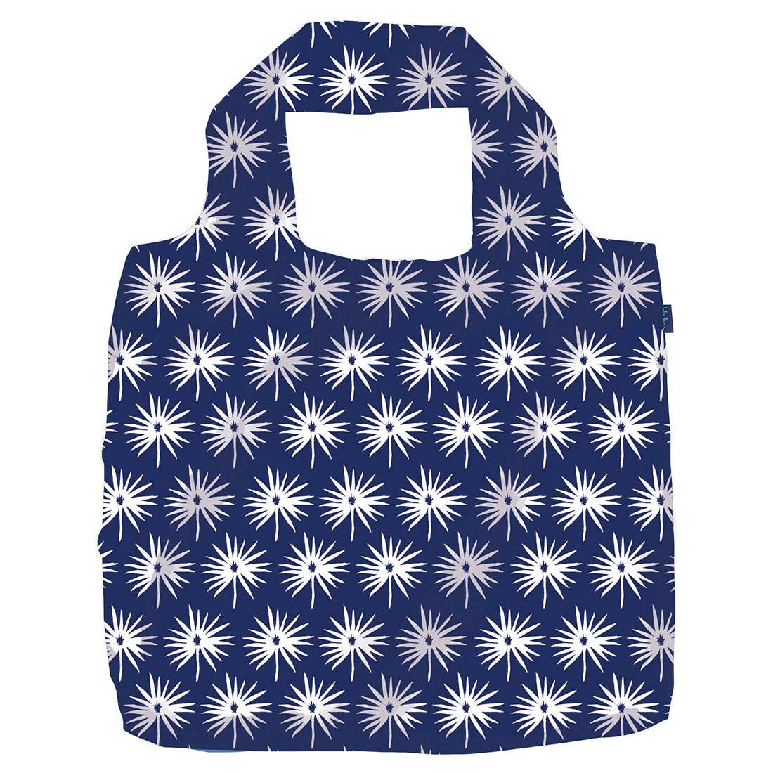Reusable shopper, white flowers on dark blue background. full display