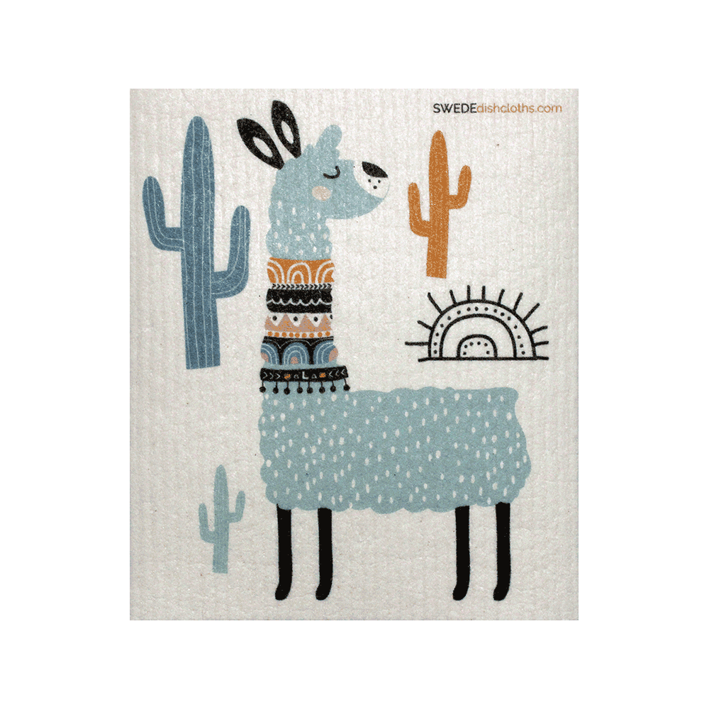 Cute aqua llama on Swedish dishcloth