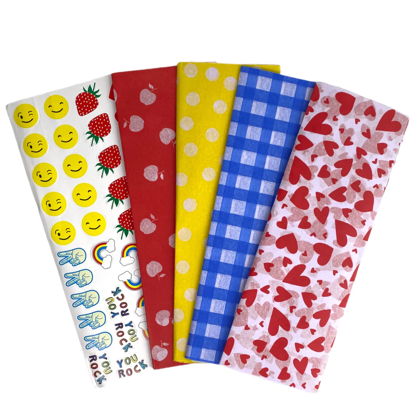 Fun prints sandwich wrapping papers and stickers. white apples on red paper, white dots on yellow, blue and white checkers, red hears on white plus 40 fun stickers