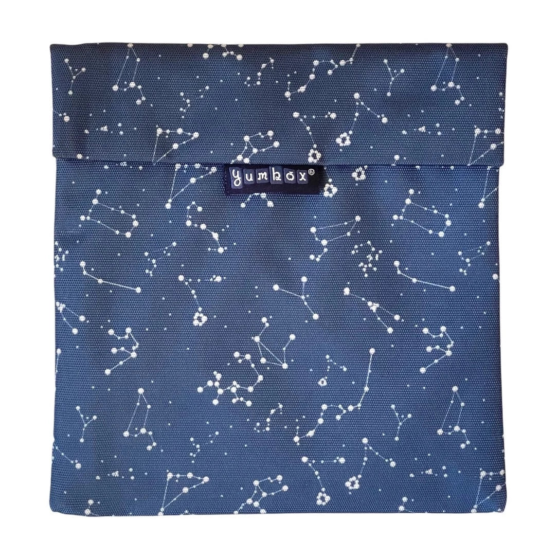 Reusable sandwich and snack bag.  velcro closure and insulated interior.  Durable material.  white constellations on blue background.  wipe clean or throw in washing machine.