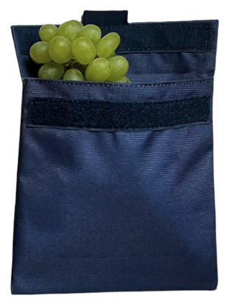 Navy Blue Reusable sandwich and snack bag packing grapes.  Velcro closure and insulated interior.  Durable material.  Navy blue.  Wipe clean or throw in washing machine.