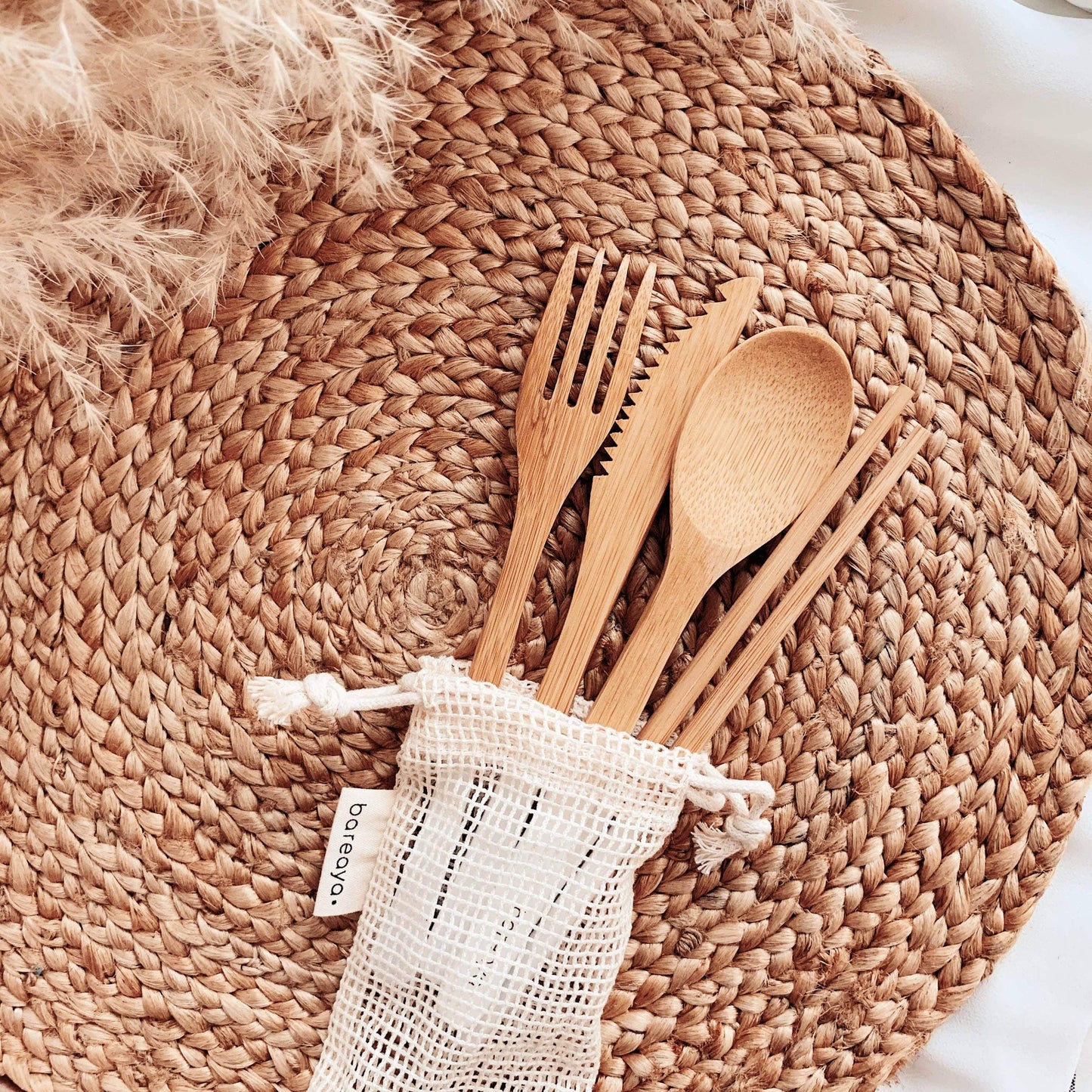 reusable bamboo cutlery set in mesh bag 