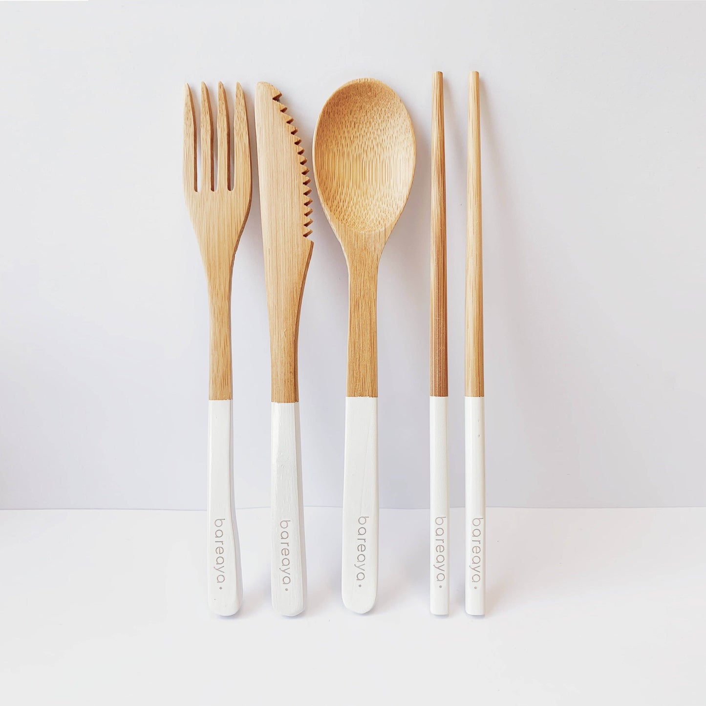 Bamboo reusable cutlery set includes fork, knife, spoon and set of chopsticks 