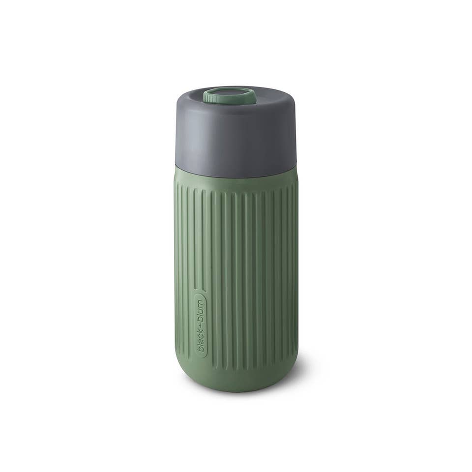 Travel cup insulated glass and 100% leak proof cap. It tastes better in glass. Coffee, tea, chocolate, hot or cold beverages.  Reusable glass insulated cup with olive colored silicone