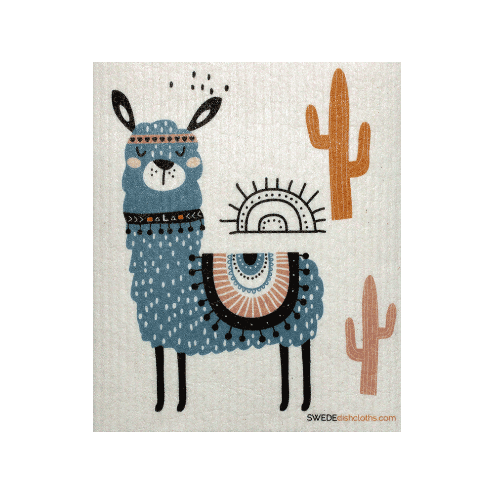 Swedish Dish Cloth with Cute blue llama and cactus