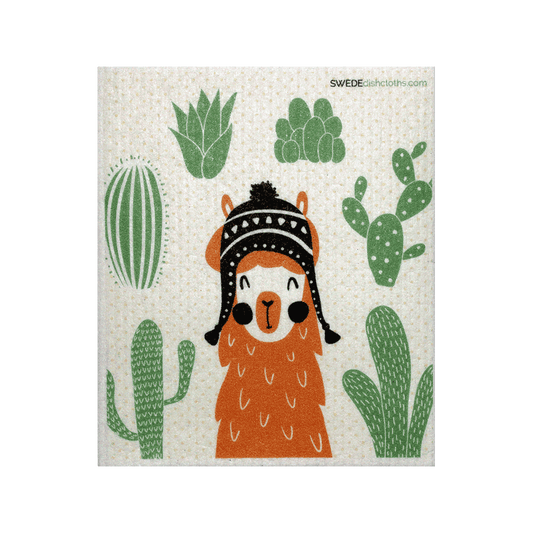 Cute llama and cactuses on Swedish dishcloth