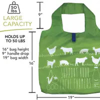 16" x 19" with 9" hanging strap.  green re-usable shopper.  support your local farmer