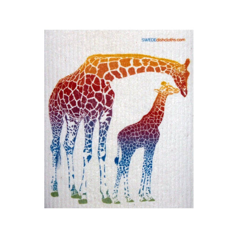 Colorful mama and baby giraffe on Swedish dish cloth