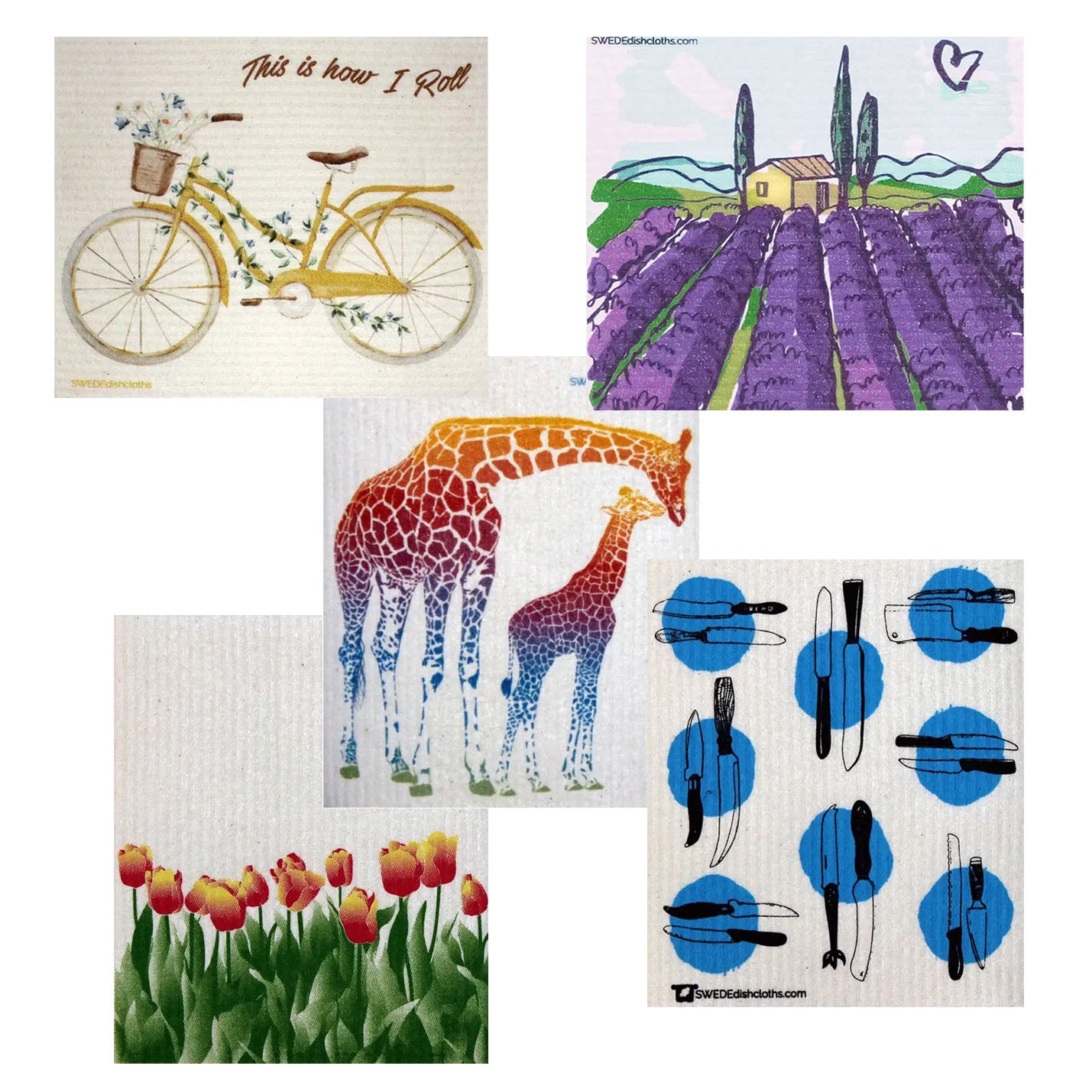 Bundle of 5 Swedish Dishcloth - sustainable.  Yellow bike, tuscan home, colorful giraffe, kitchen knives, tulips