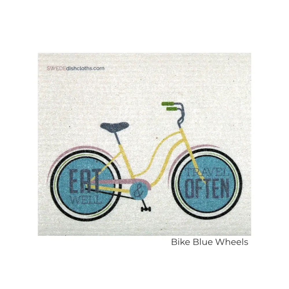 Yellow Bike, blue wheels.  Eat well, travel often.  Swedish Dishcloth - sustainable