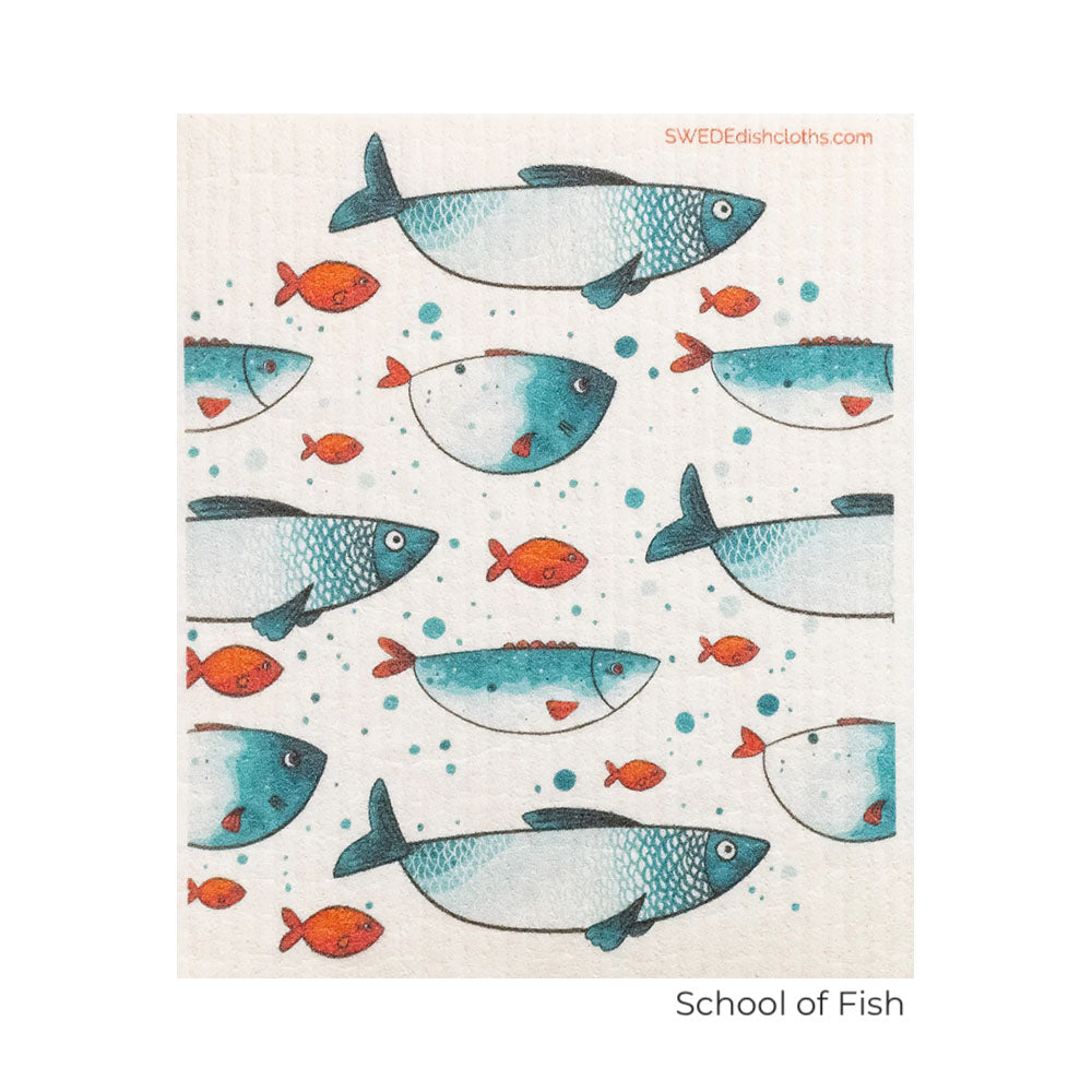 Aqua blue and small red school of fish. Swedish Dishcloth