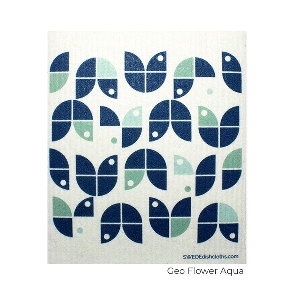 Aqua and blue geo flower pattern.  Swedish Dishcloth