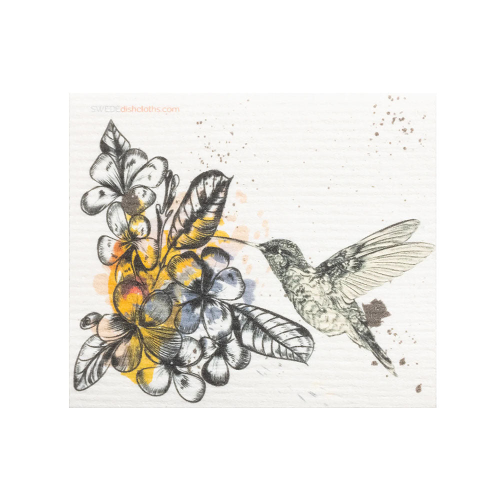 Humming bird, colibri with flowers yellow on Swedish dishcloth