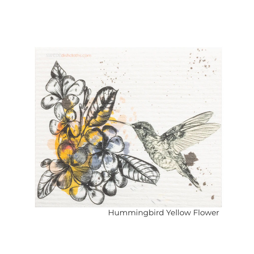 Humming bird on yellow flower. Illustration.  Swedish Dishcloth - sustainable