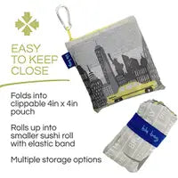 collapsed NYC reusable shopping bag. 4" x 4" pocket
