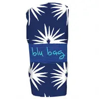 Rolled up re-usable shopper. white flowers on blue background