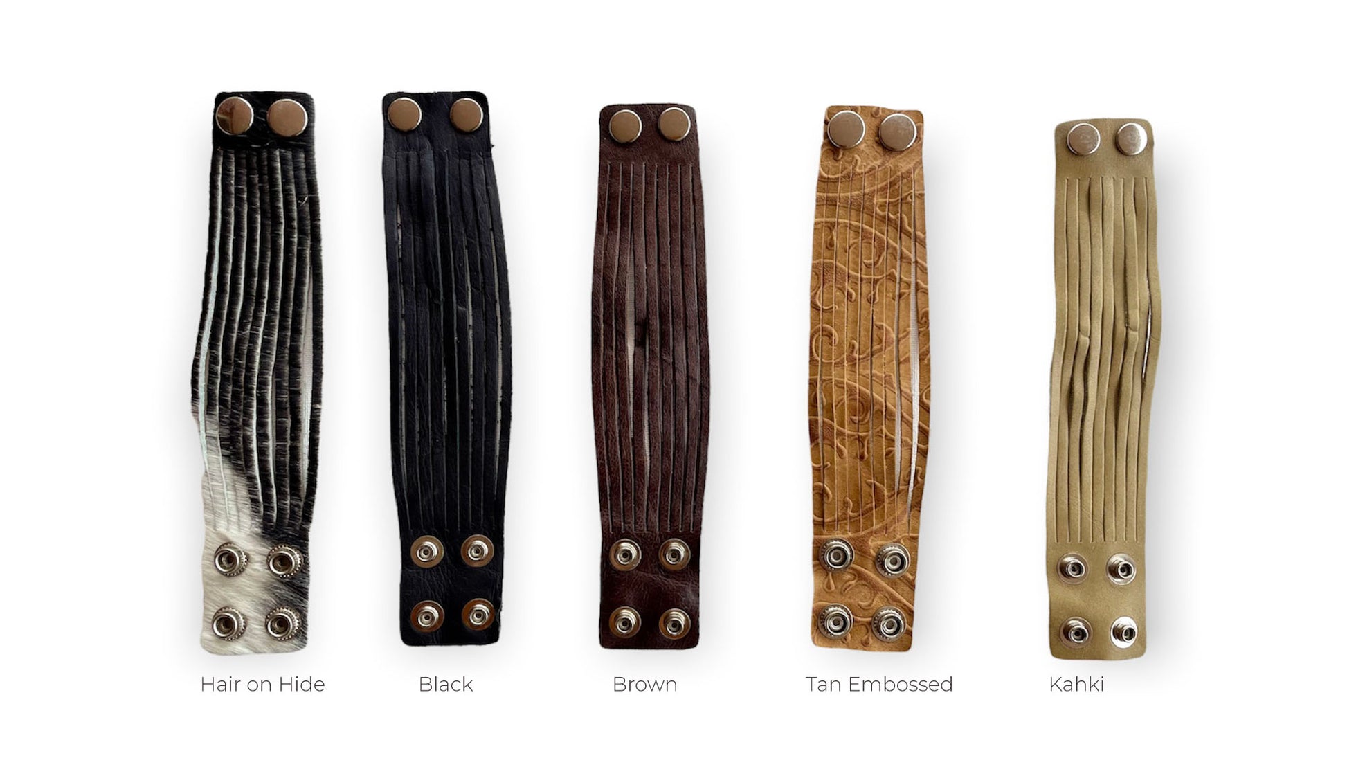 2" ribbed leather bracelets in black, brown , tan embossed, khaki, and hair on hide 