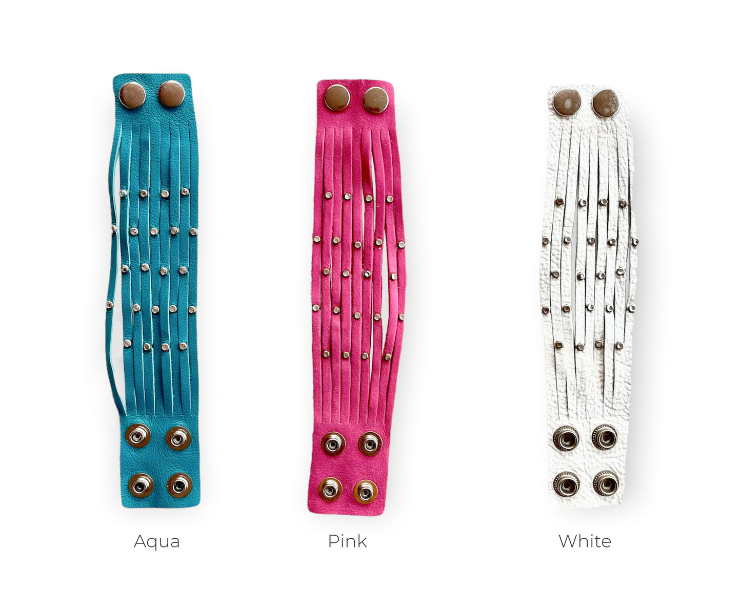 2" ribbed leather bracelet with studs in aqua blue, pink and white