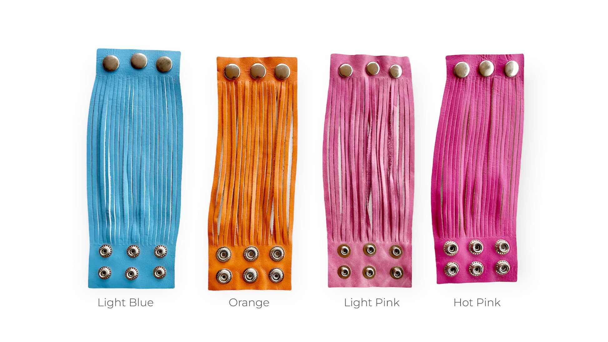 3" wide leather bracelets, in light blue, orange, light pink and hot pink