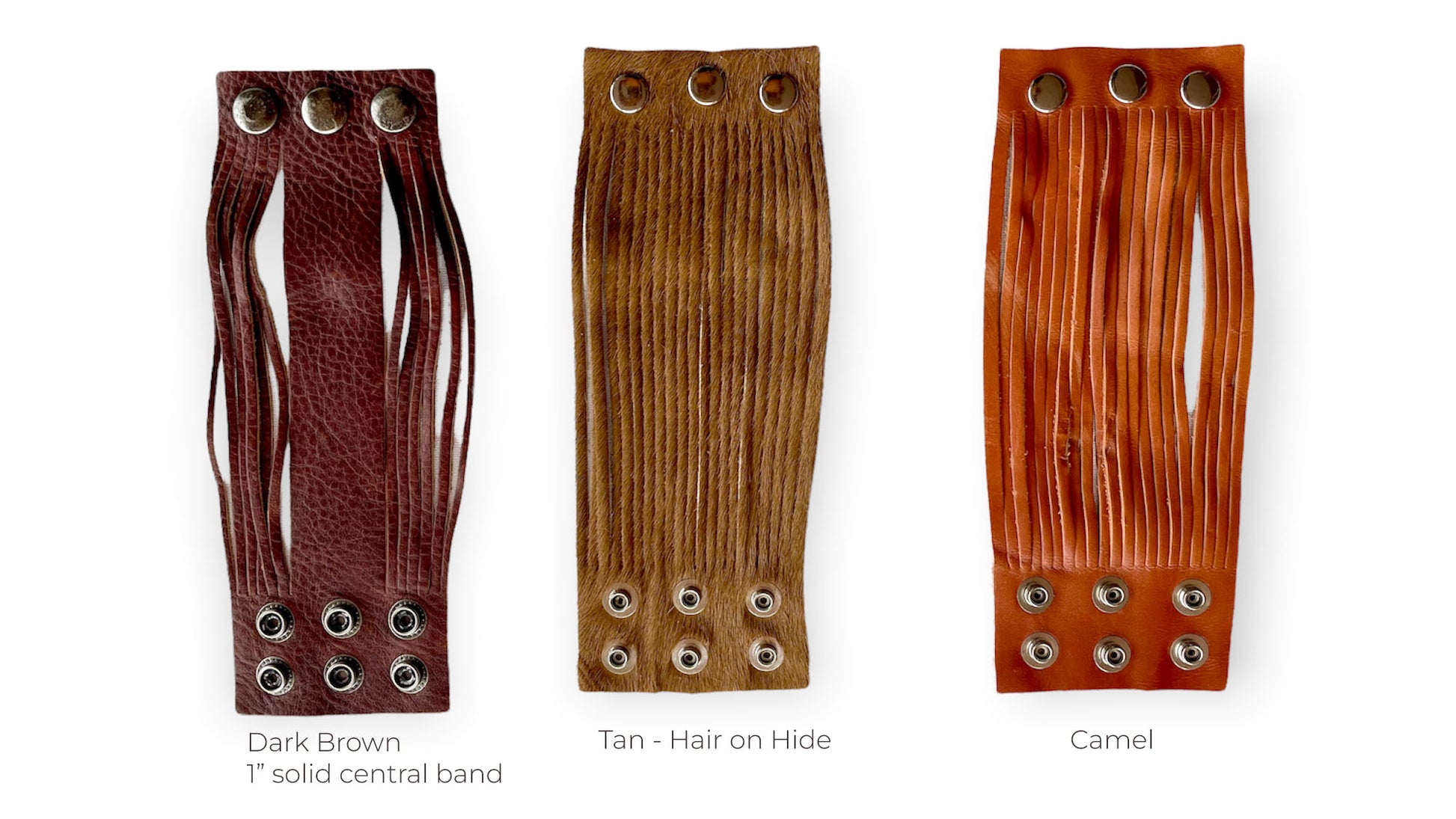 3" wide leather bracelets, in camel, tan (hair on hide), dark brown (1" solid central band)