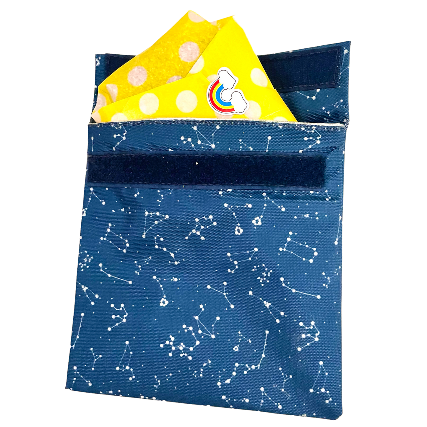 Navy blue re-usable sandwich bag holding a sandwich wrapped in yellow pepper