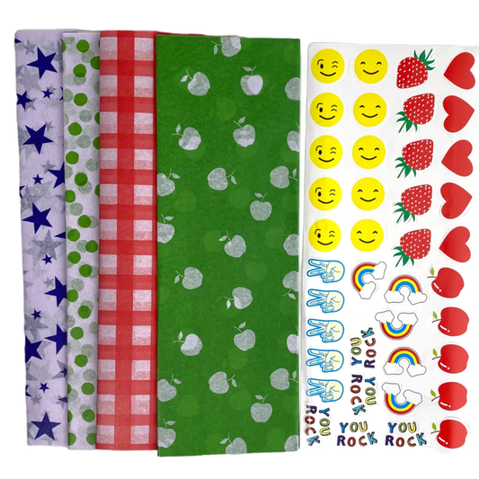 Fun prints sandwich wrapping papers and stickers. green with white apples, red and white checkers, green dots, blue stars