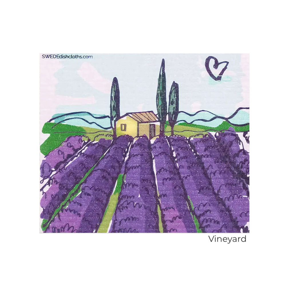 Vineyard with tuscan home illustration.  Swedish Dishcloth - sustainable