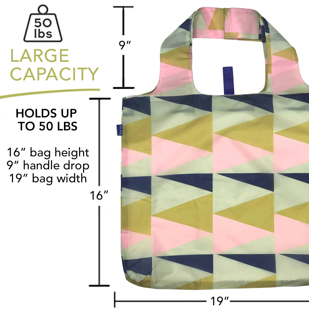 colorful reusable shopper with sizes.  16" x 19" and 9" handles.    pink, sage green, dark blue, olive green geometric. 