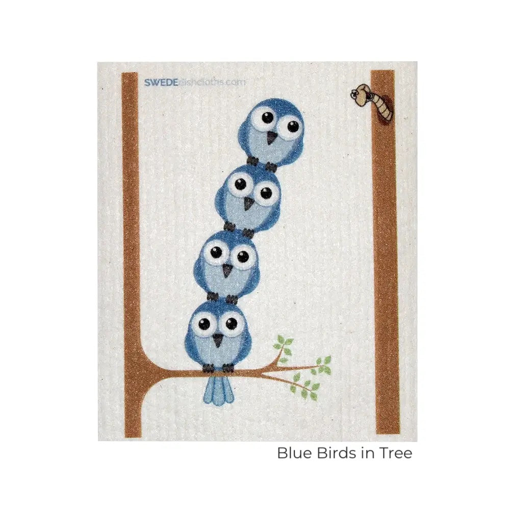 Cute blue birds on tree branch. Illustration. Swedish Dishcloth