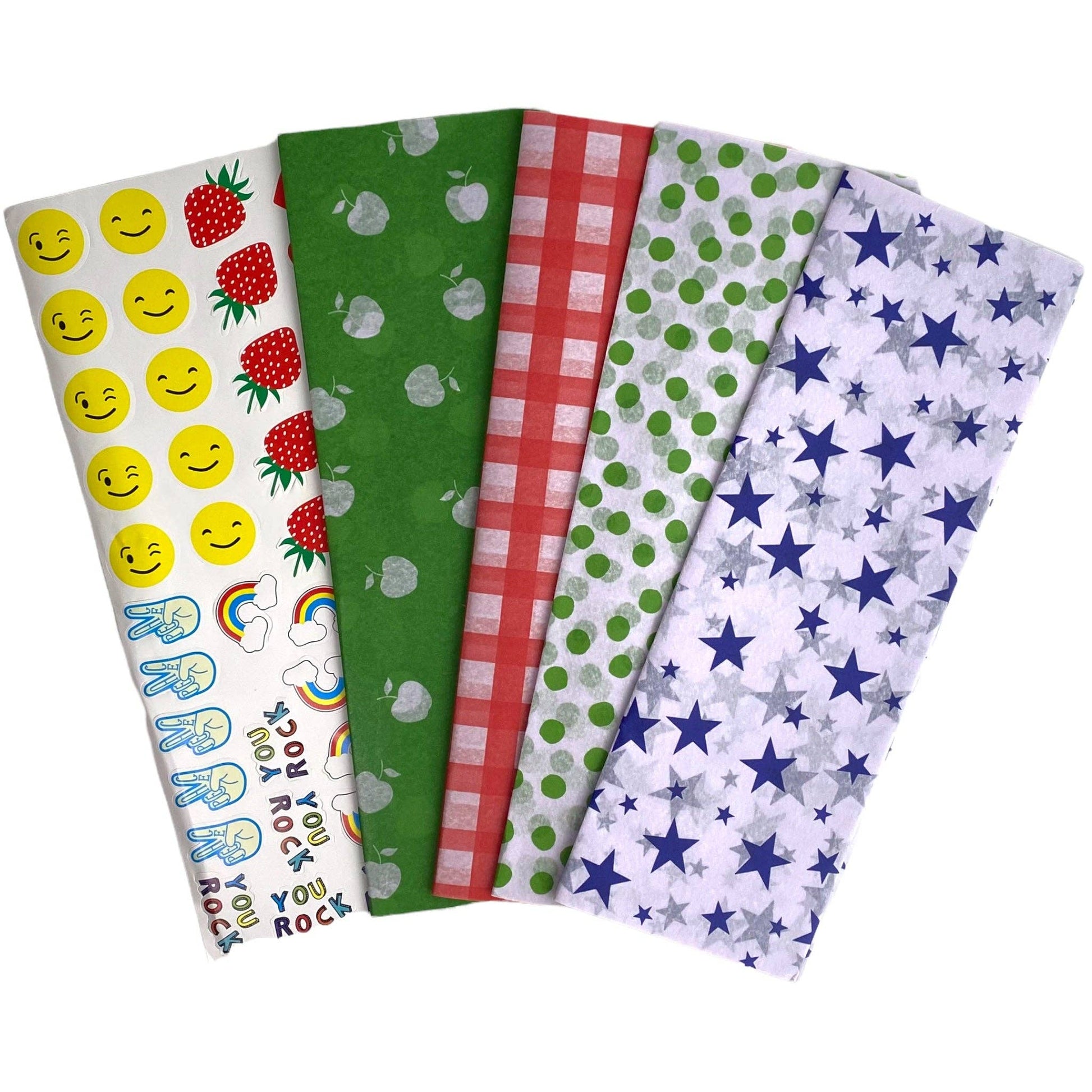 Fun prints sandwich wrapping papers and stickers.  green with white apples, red and white checkers, green dots, blue stars