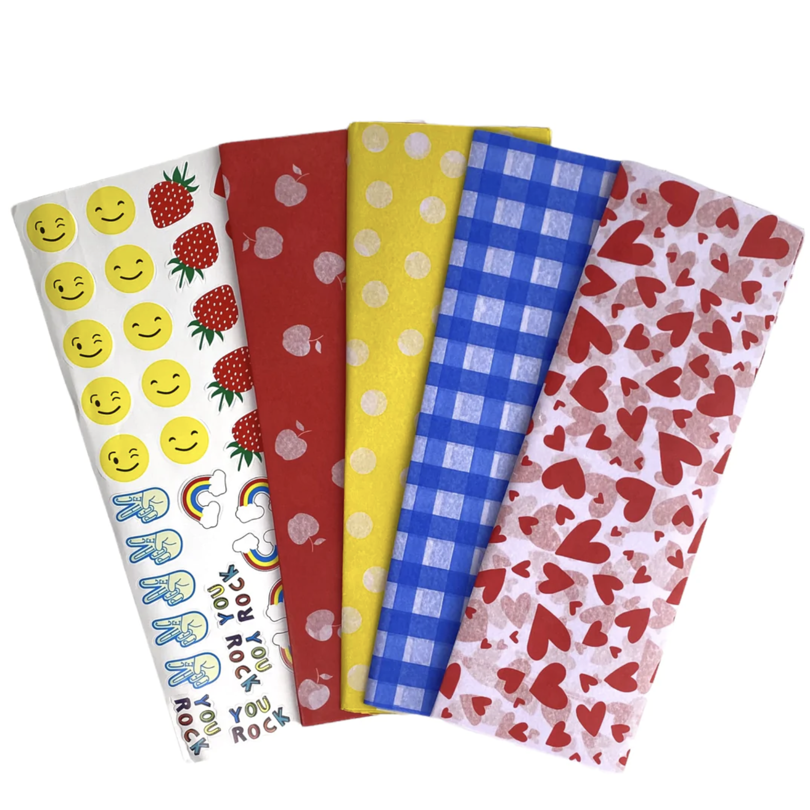 Fun prints sandwich wrapping papers and stickers. white apples on red paper, white dots on yellow, blue and white checkers, red hears on  white plus 40 fun stickers