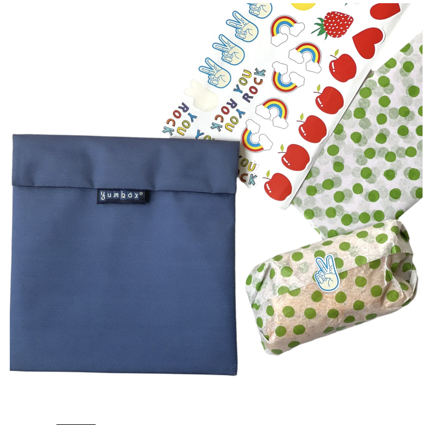 Sandwich wrapped in green dot paper with blue sandwich re-usable bag