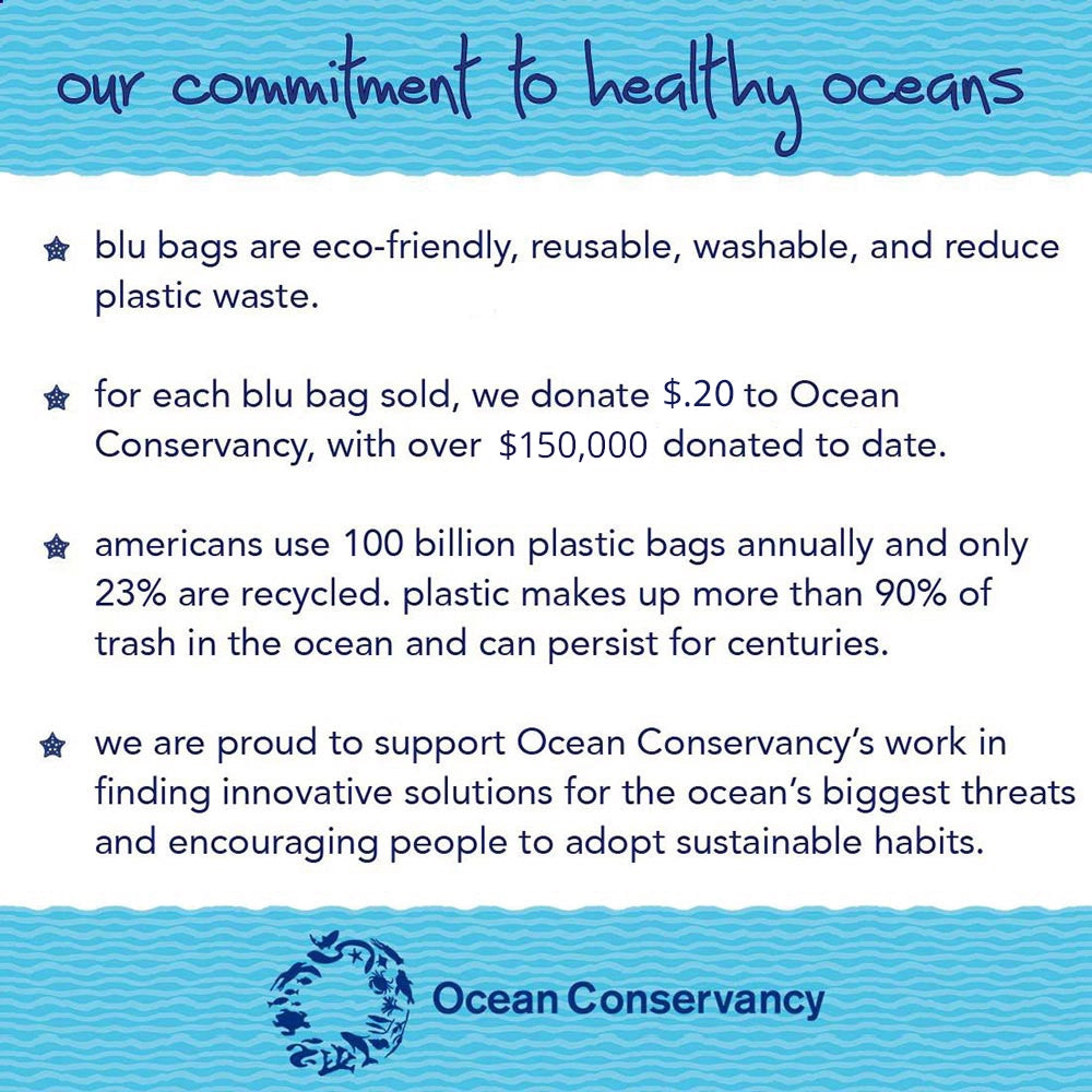 Blu bags commitment to Ocean Conservancy.  donate with each purchase