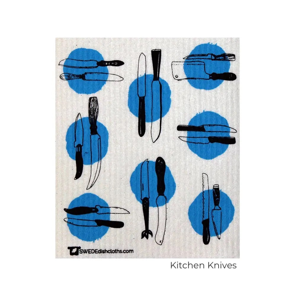 Kitchen knives on blue and white illustration.  Swedish Dishcloth
