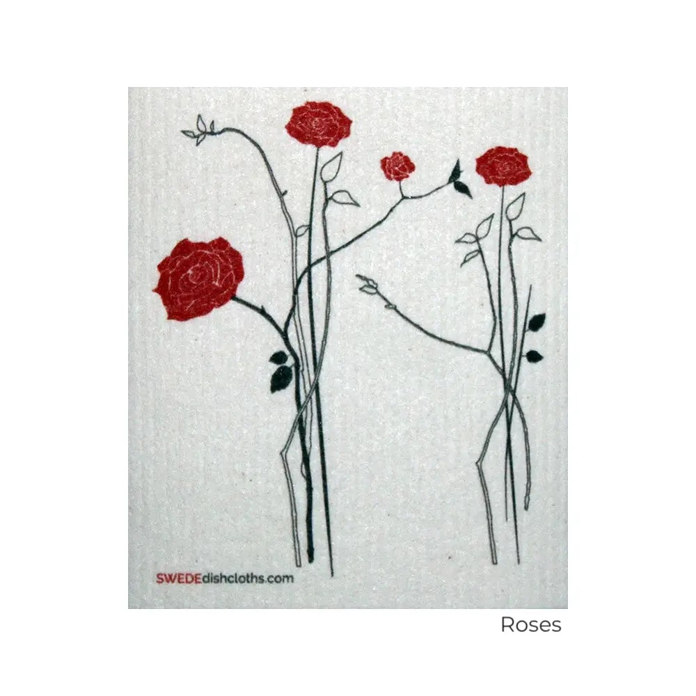 Minimal red roses on white background.  Swedish Dishcloth - sustainable