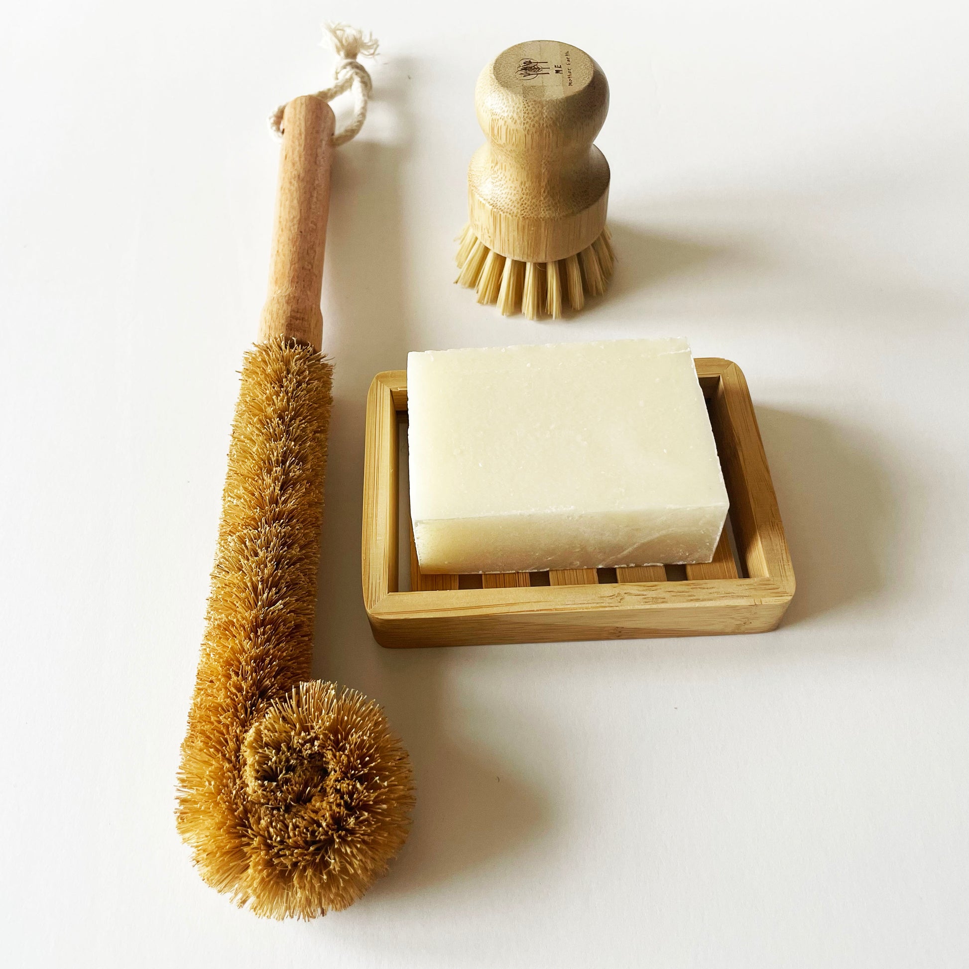 bottle cleaning brush, hand cleaning brush, dish soap bar, bamboo soap dish, sisal, coconut oil